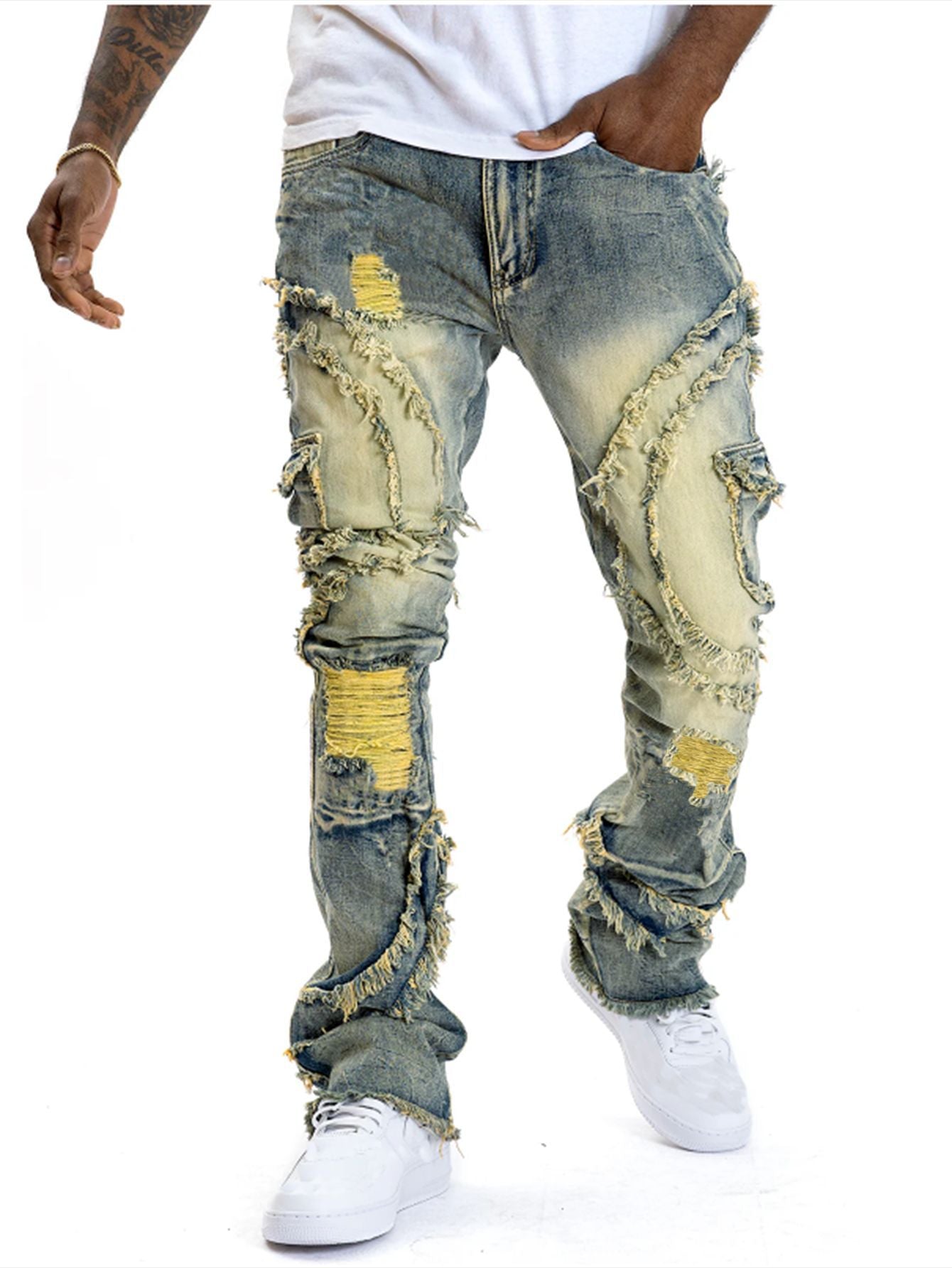 Men's Patchwork Fringe Slightly Flared Stretch Jeans