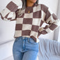 Autumn And Winter Contrast Color Plaid Long Sleeve Pullover Knitted Sweater