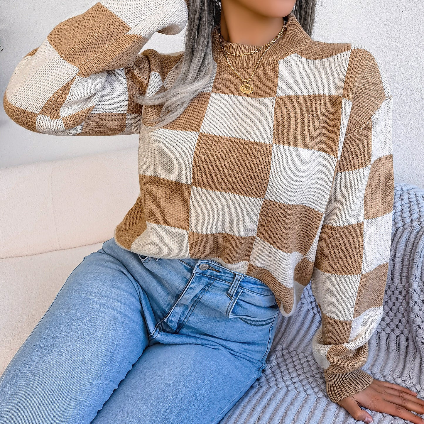 Autumn And Winter Contrast Color Plaid Long Sleeve Pullover Knitted Sweater