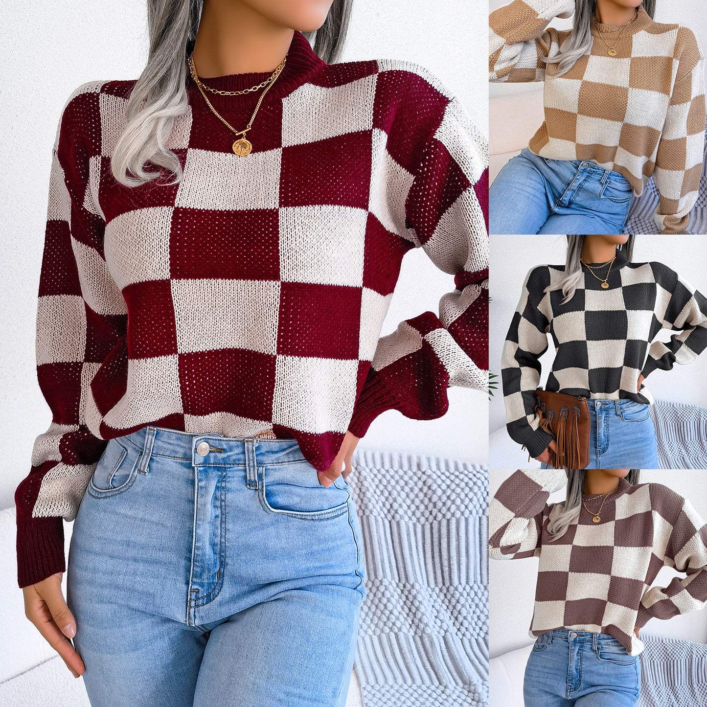 Autumn And Winter Contrast Color Plaid Long Sleeve Pullover Knitted Sweater