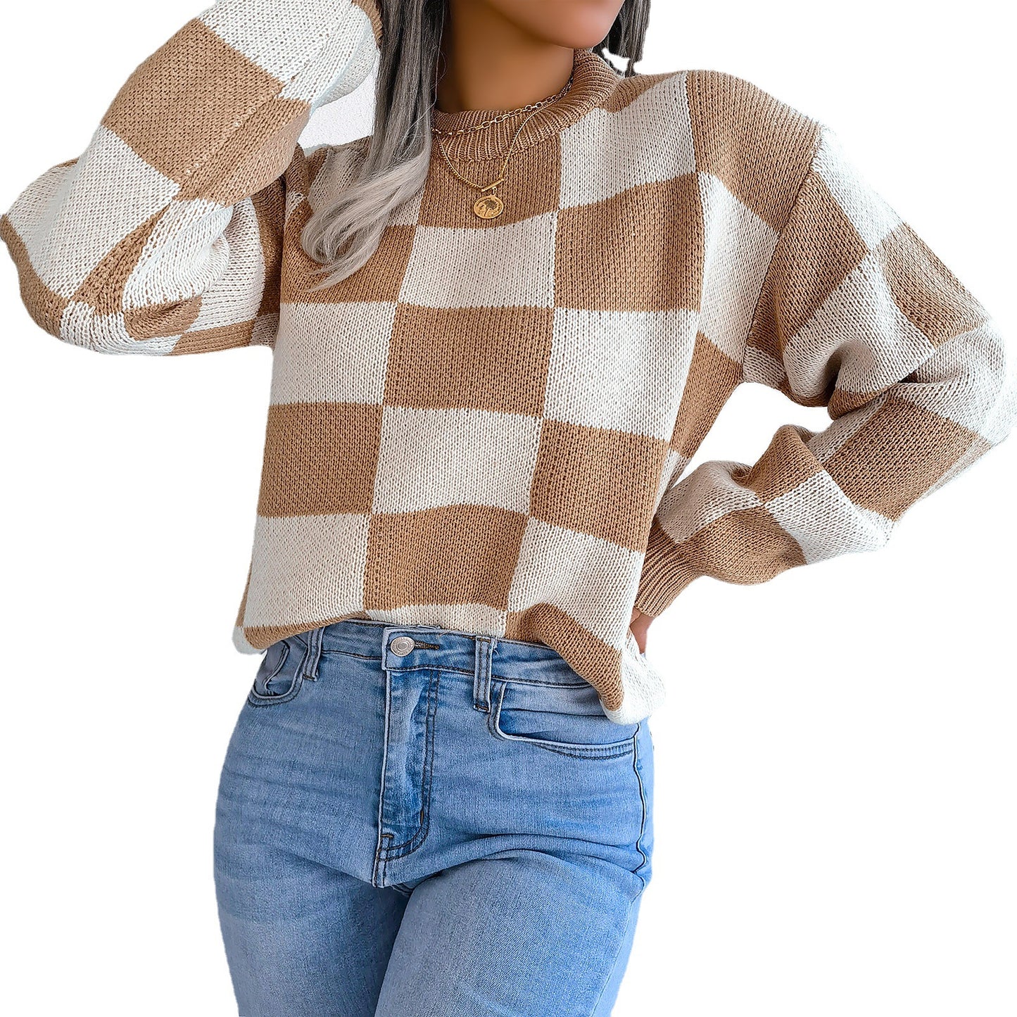 Autumn And Winter Contrast Color Plaid Long Sleeve Pullover Knitted Sweater