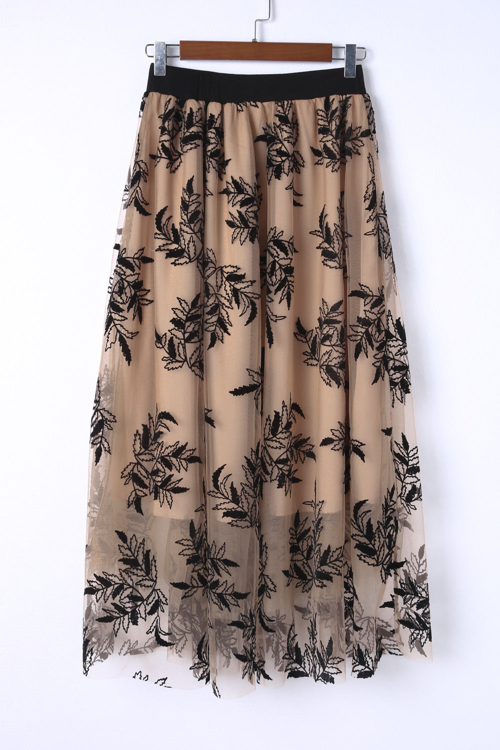 Gold Flame Floral Leaves Embroidered High Waist Maxi Skirt