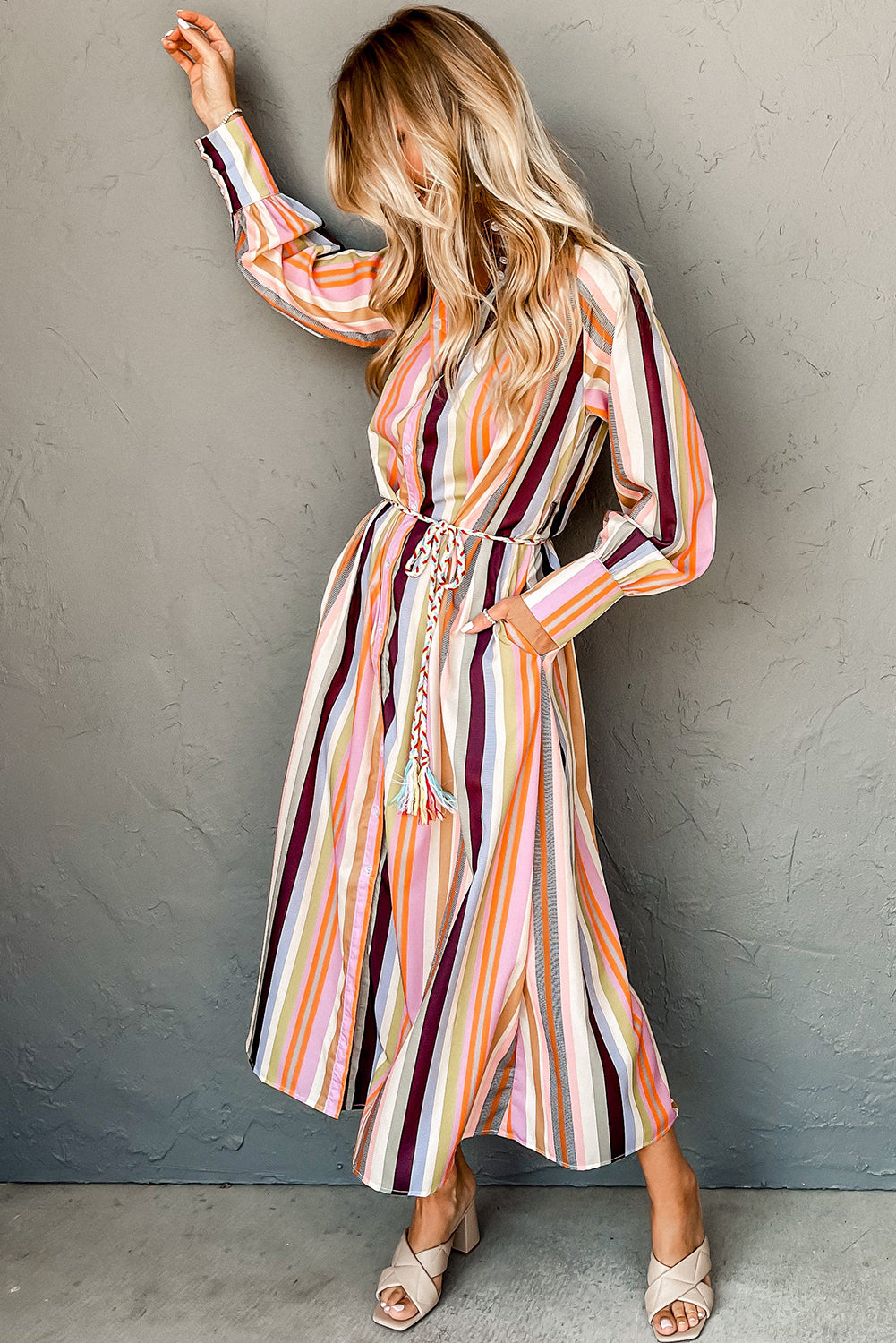 White Multicolor Striped Cuffed Sleeve Tassel Tied Shirt Maxi Dress