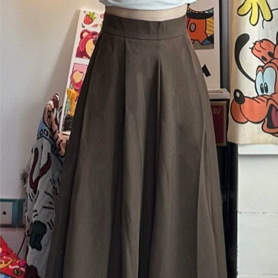 High Waist A- Line Skirt Niche Umbrella Skirt Brown Pleated Dress