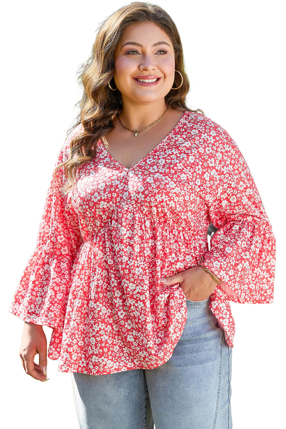 Red Plus Size Floral V Neck Flared Bracelet Sleeve Blouse