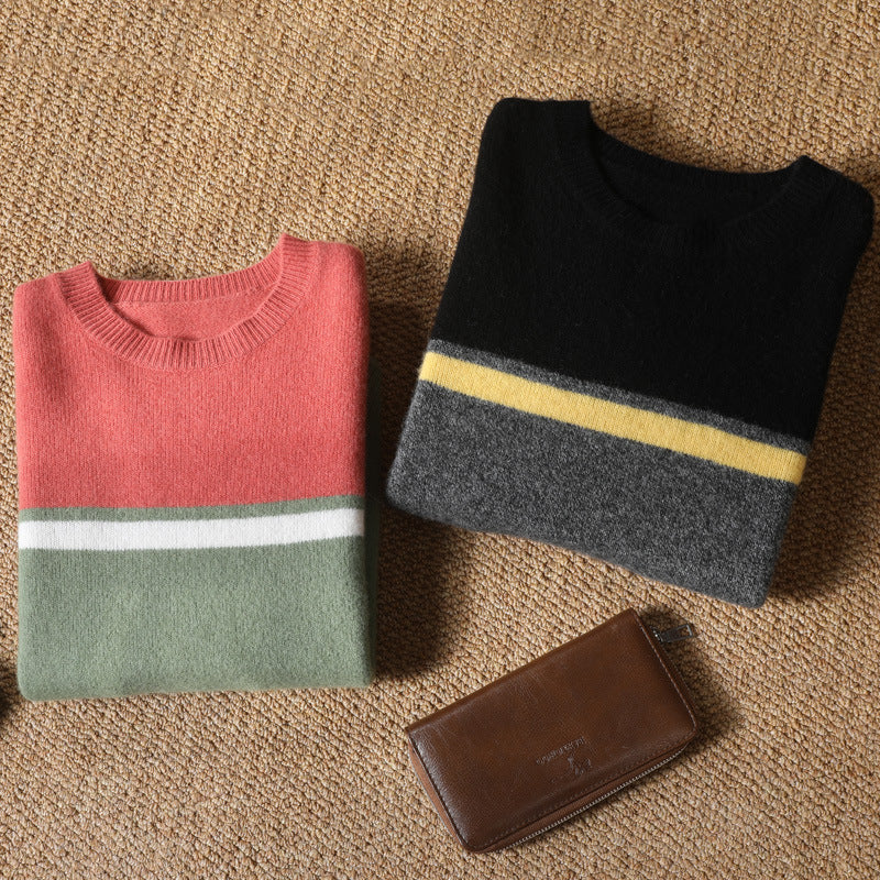 Striped Youth Pure Wool Sweater Men's Round Neck Loose