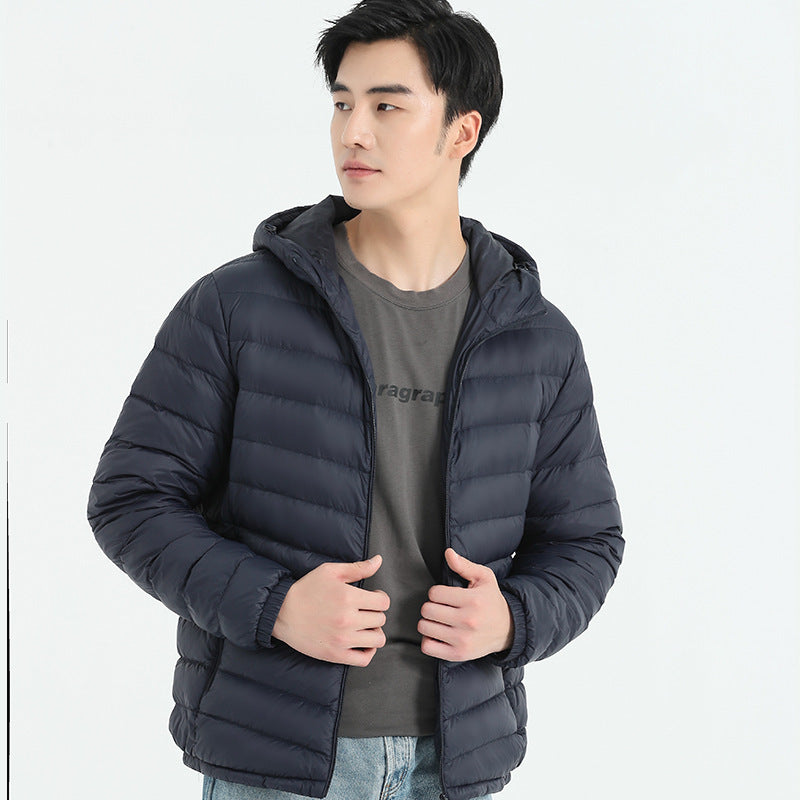 Men's Thin Hood Down Jacket Trendy Slim Fit White Duck Down