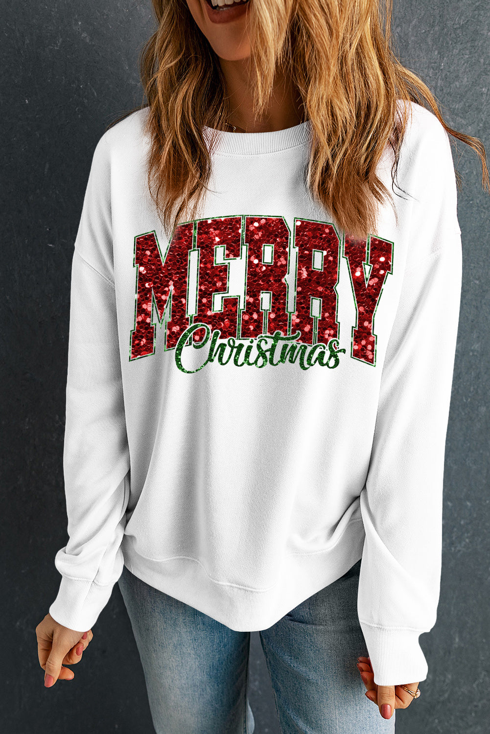 Beige MERRY Christmas Heat Transfer Printing Crewneck Pullover Sweatshirt