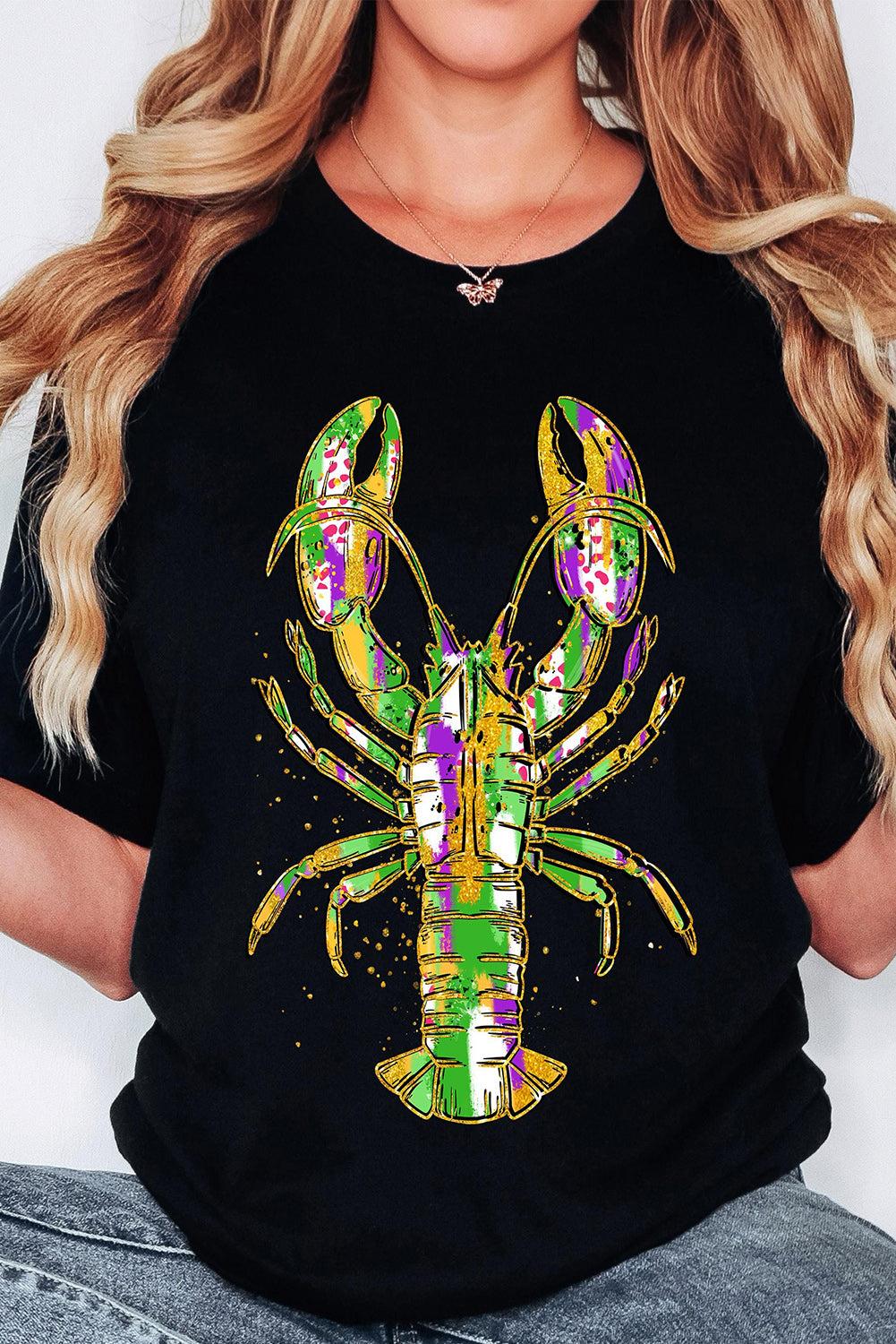 Black Mardi Gras Lobster Graphic Heat Transfer T Shirt