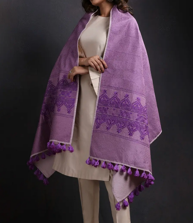 Handcrafted Purple Silk Shawl with Nakshi Kantha and Prints Shawl