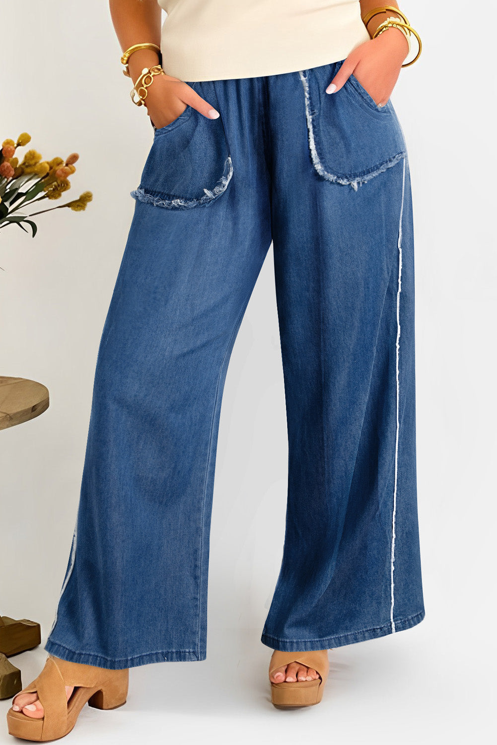 Sail Blue Washed Denim Chambray Loose Plus Size Pants