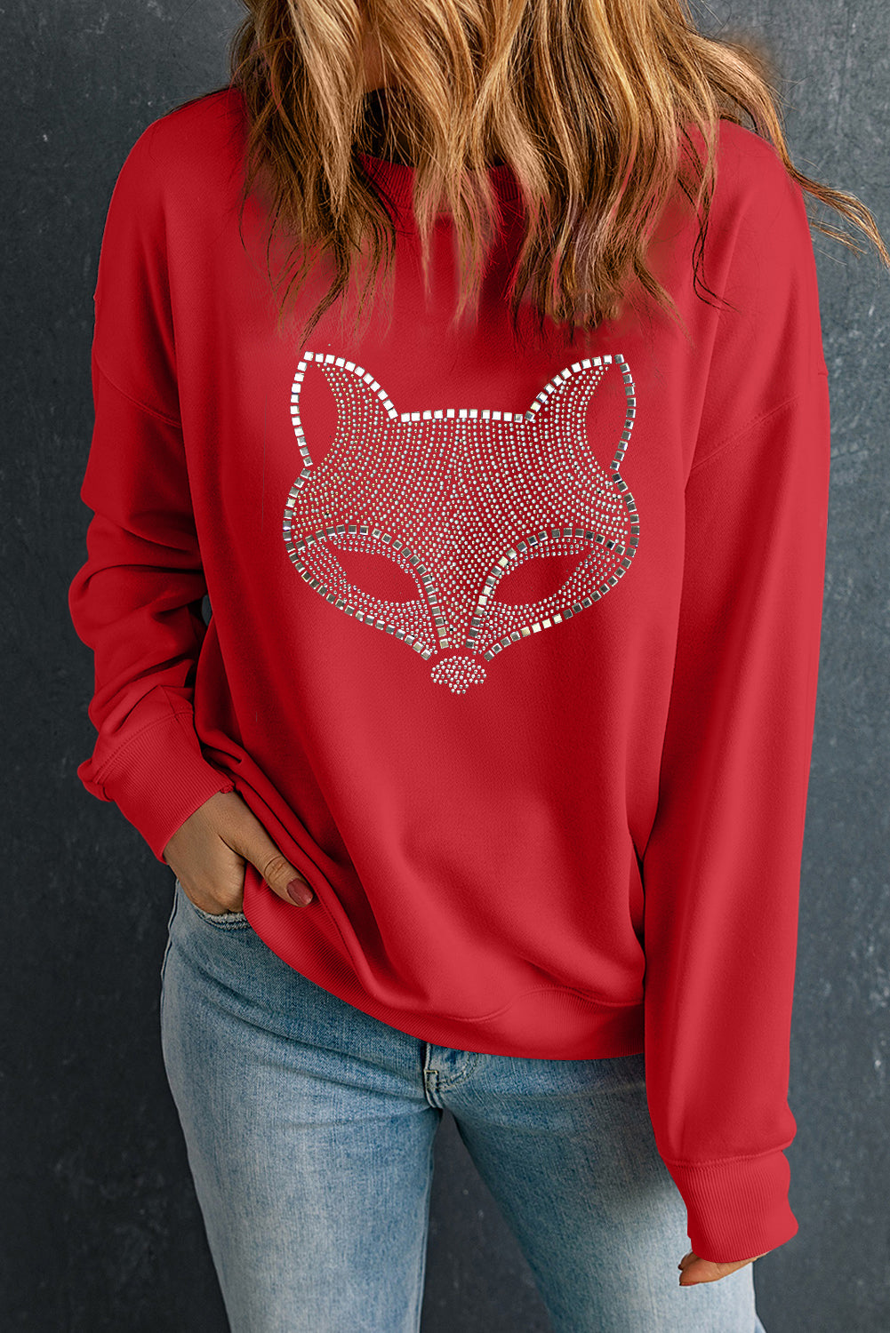 Red Rhinestone Fox Drop Shoulder Pullover Sweatshirt