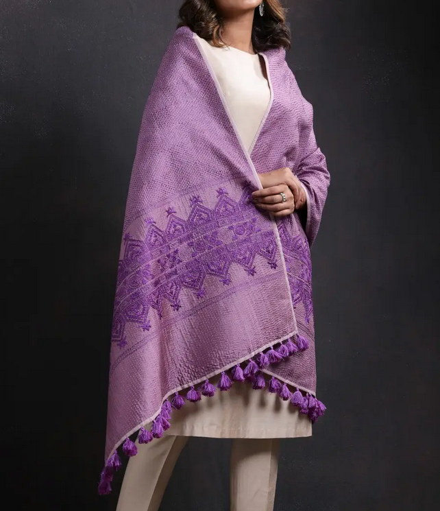 Handcrafted Purple Silk Shawl with Nakshi Kantha and Prints Shawl