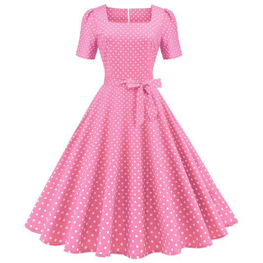 Polka Dot Printed Waist-controlled Large Swing Dress