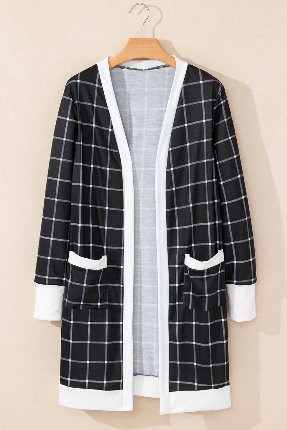 Black Plaid Colorblock Edge Open Cardigan with Pocket