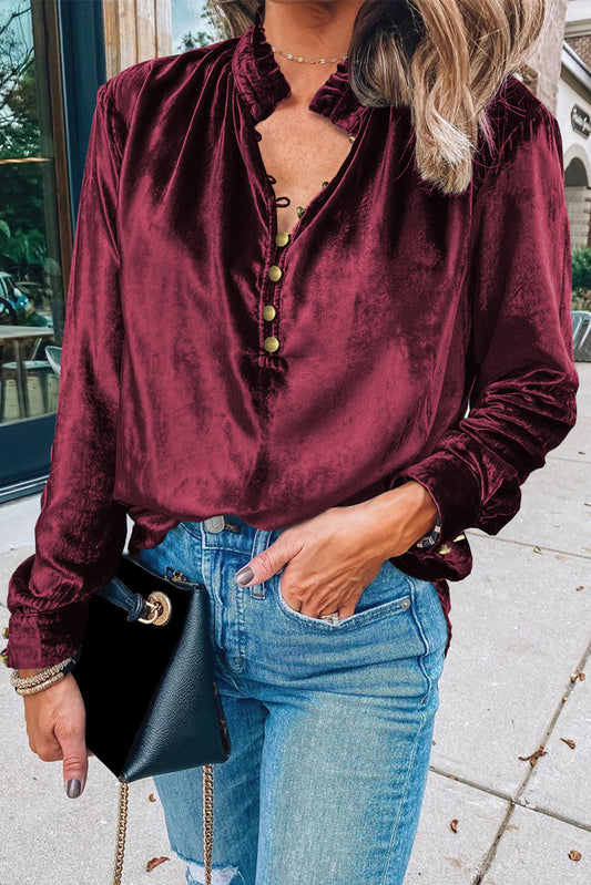 Burgundy Frilled Neck Buttoned Front Velvet Top