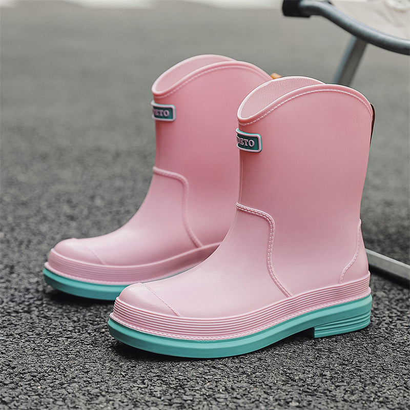 Fashionable All-match Women's Mid-calf Contrast Color Waterproof Shoes Rubber Boots