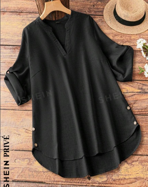 Plus Notched Neck Roll Tab Sleeve High Low Hem Blouse