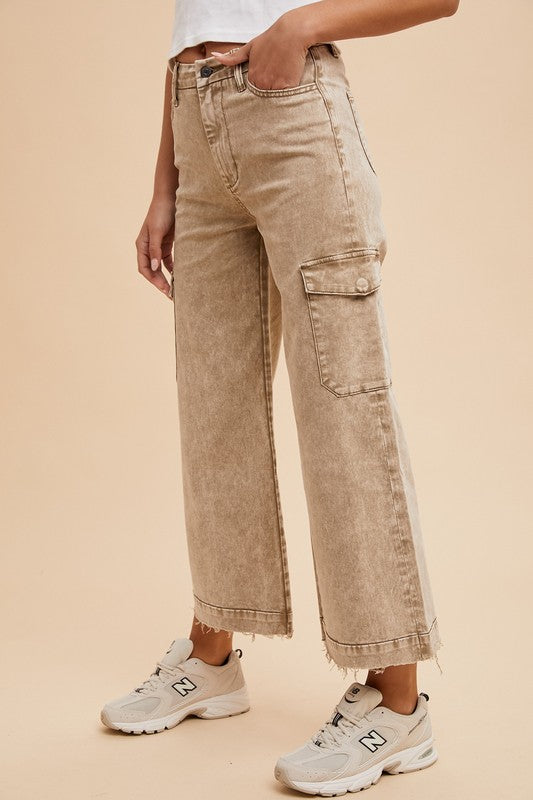 Annie Wear Raw Hem Wide Leg Jeans with Cargo Pockets