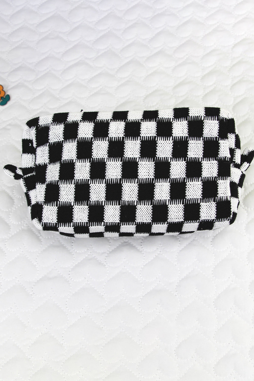 Sky Blue Checkered Knitted Zipper Makeup Bag