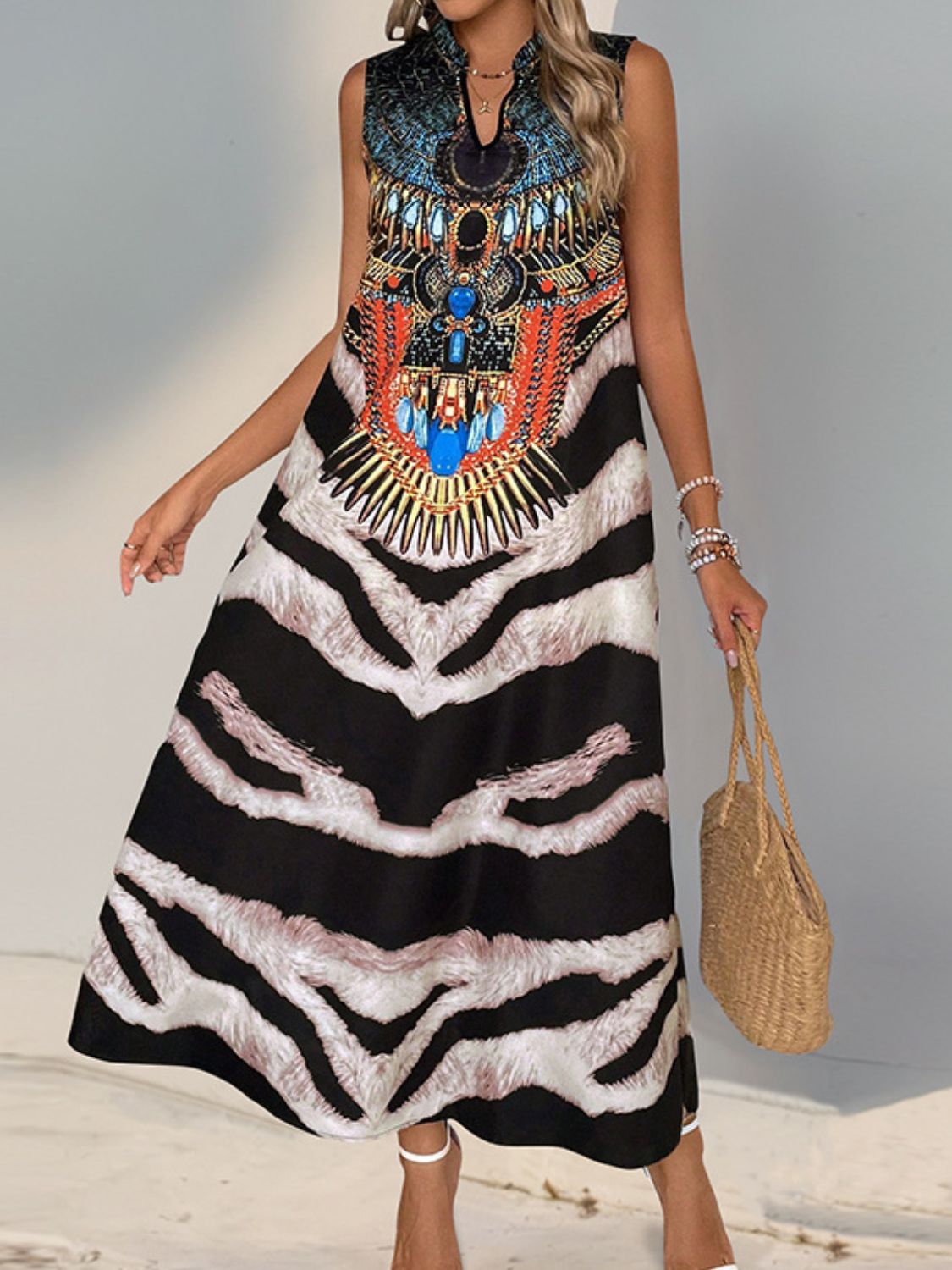 Perfee Printed Notched Sleeveless Dress