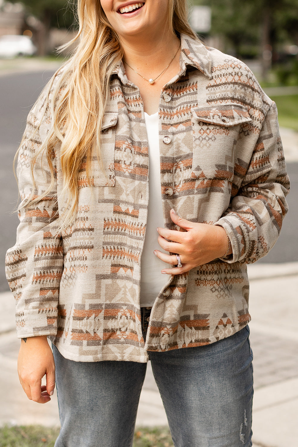 White Aztec Geometric Print Pockets Plus Size Jacket