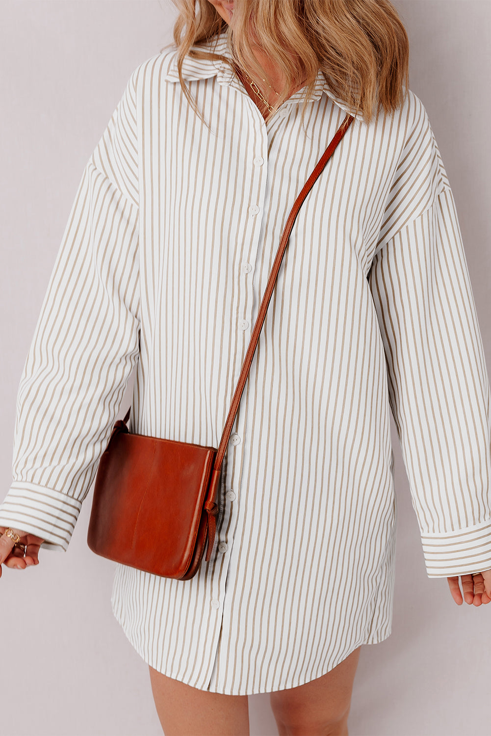 Khaki Stripe Long Sleeve Button Up Mini Shirt Dress