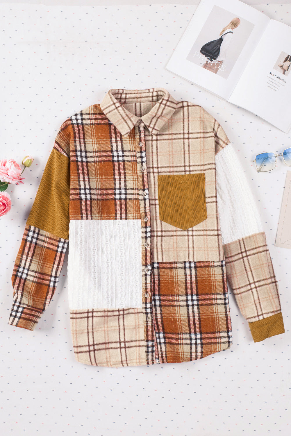 Orange Plaid Color Block Patchwork Pocket Shirt Shacket