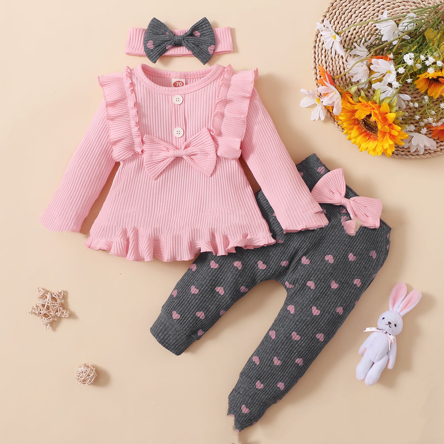 Little Kids' Suit Sunken Stripe Top And Printed Peach Heart Leggings