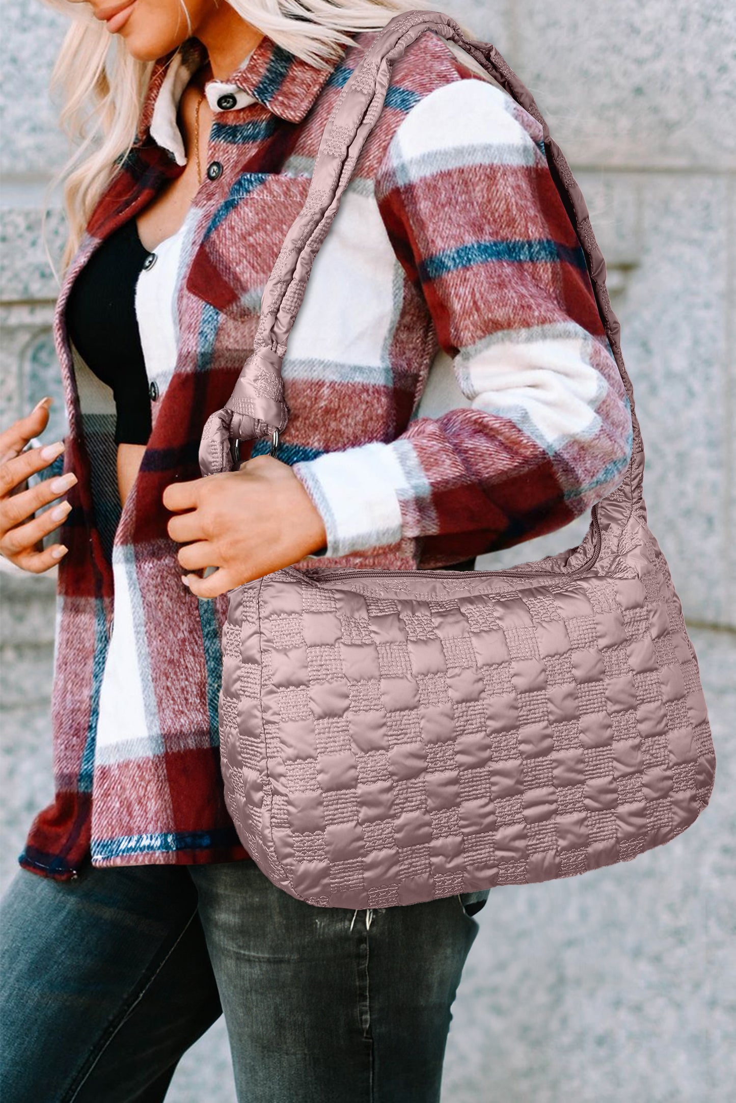 Pink Checkered Bubble Textured Zipped Large Tote Bag