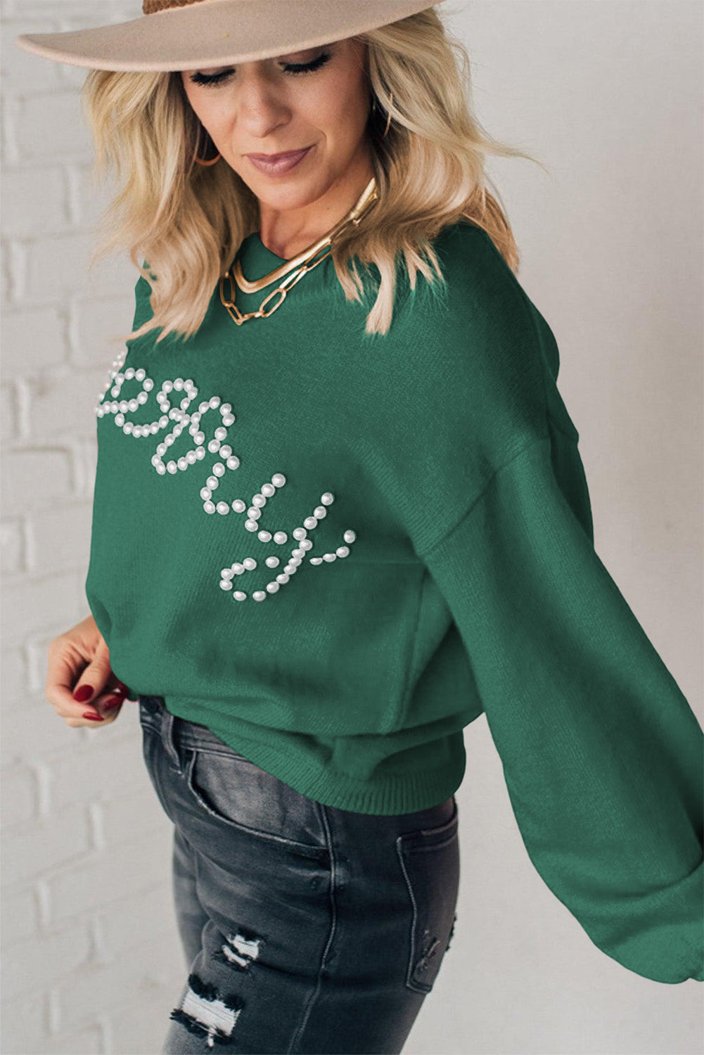 Blackish Green Pearl Beaded Merry Casual Sweater