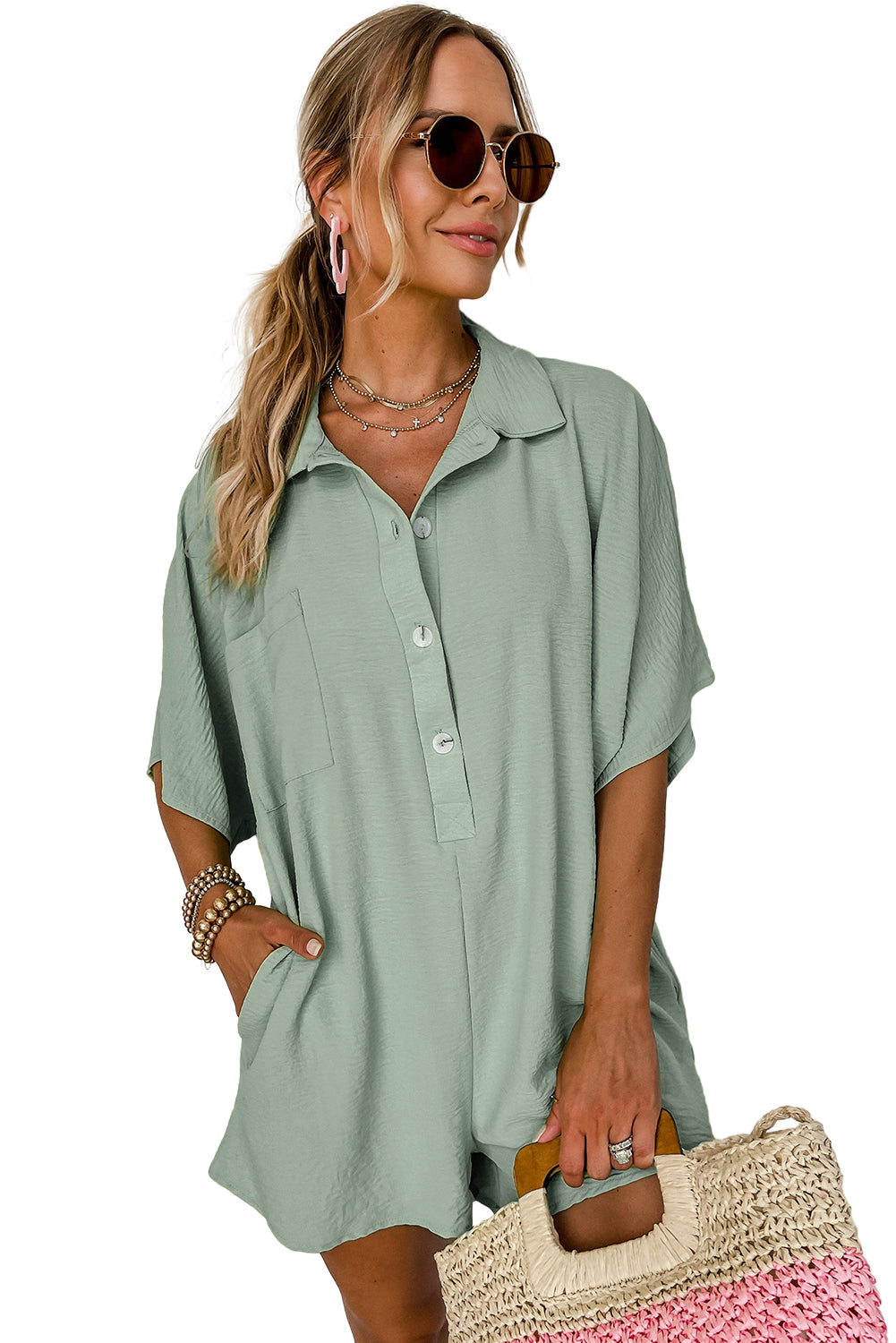 Black Plain Half Button Collared Pocket Loose Romper