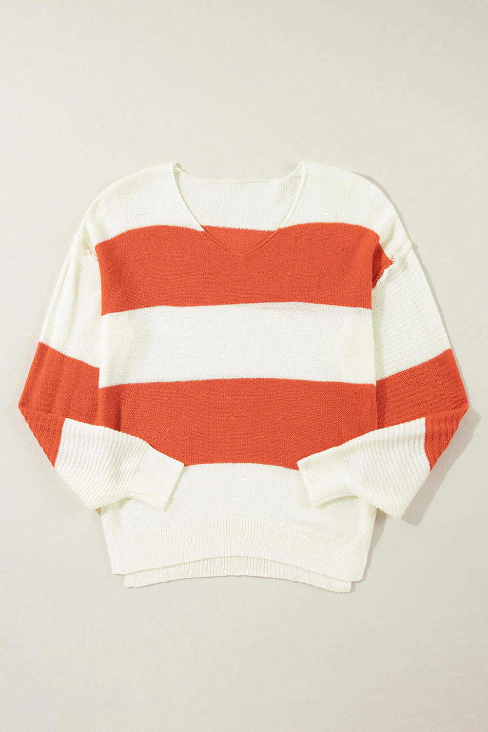 Orange Stripe Loose Color Block Drop Shoulder Bubble Sleeve Sweater