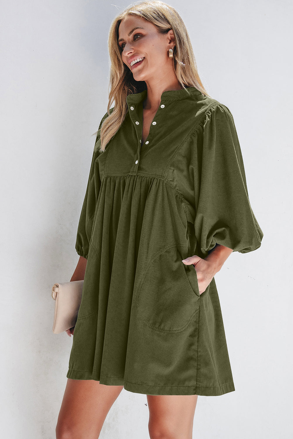 Vineyard Green Corduroy Snap Buttons Empire Waist Bracelet Sleeve Dress