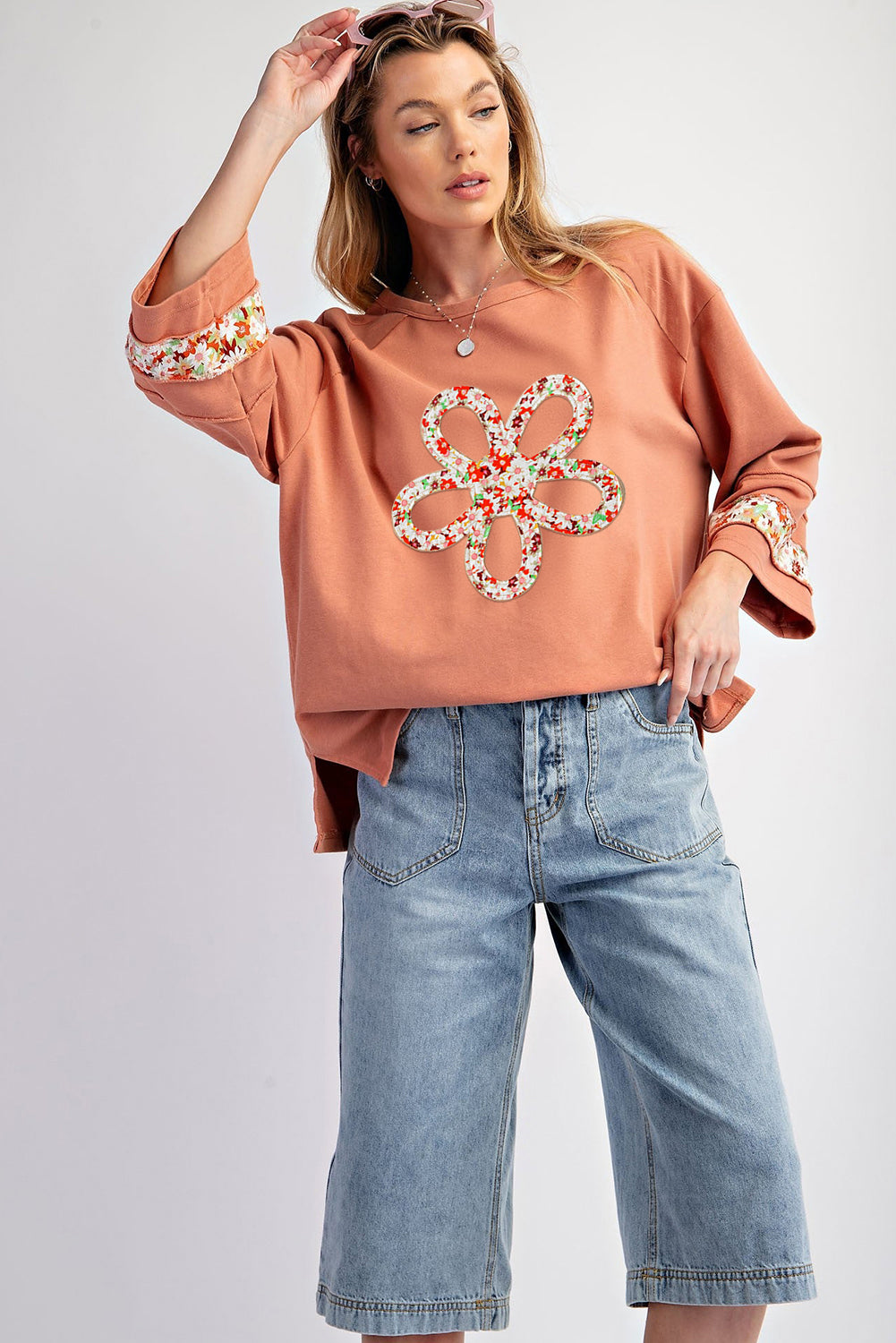 Grapefruit Orange Flower Patch Graphic Exposed Seam Wide Sleeve Top