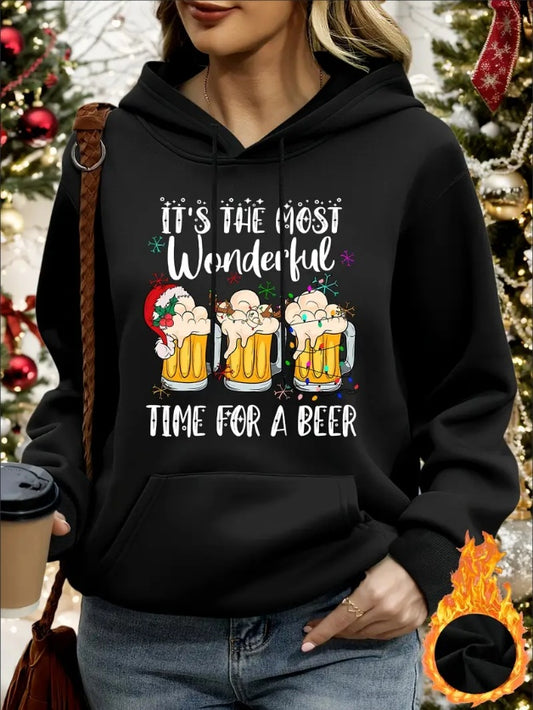 Women'S Christmas Beer Print Hoodie - Casual  Long Sleeve Pullover With Drawstring, Regular Length, Regular Shoulder Loose Fit Hooded Sweatshirt For Fall Wint