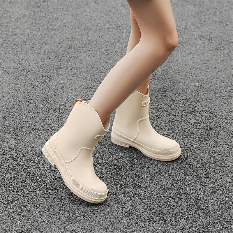 Fashionable All-match Women's Mid-calf Contrast Color Waterproof Shoes Rubber Boots