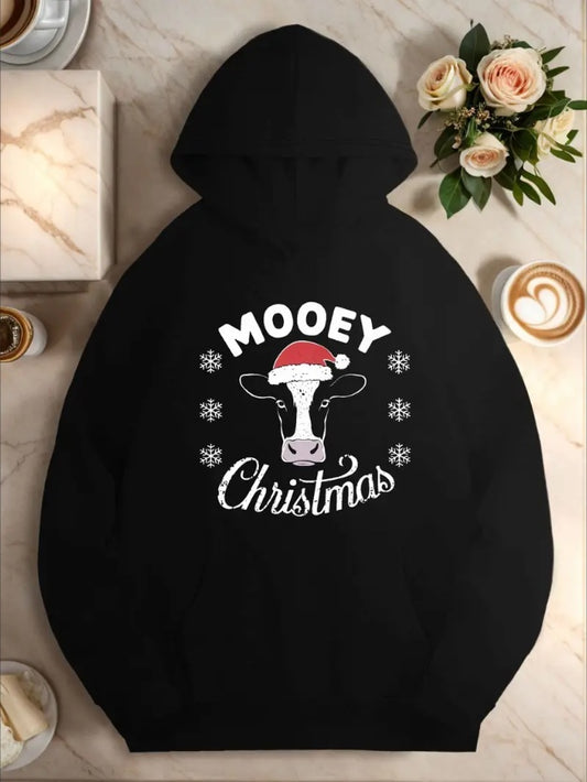 Plus Size Casual Hooded Sweatshirts For Women, Geometric Moose Christmas Pattern, With Pocket, For Fall Winter