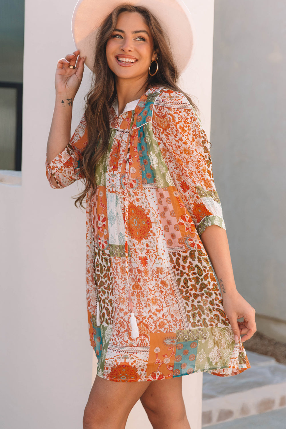 Orange Boho Paisley Mixed Print 3/4 Sleeve Chiffon Loose Dress