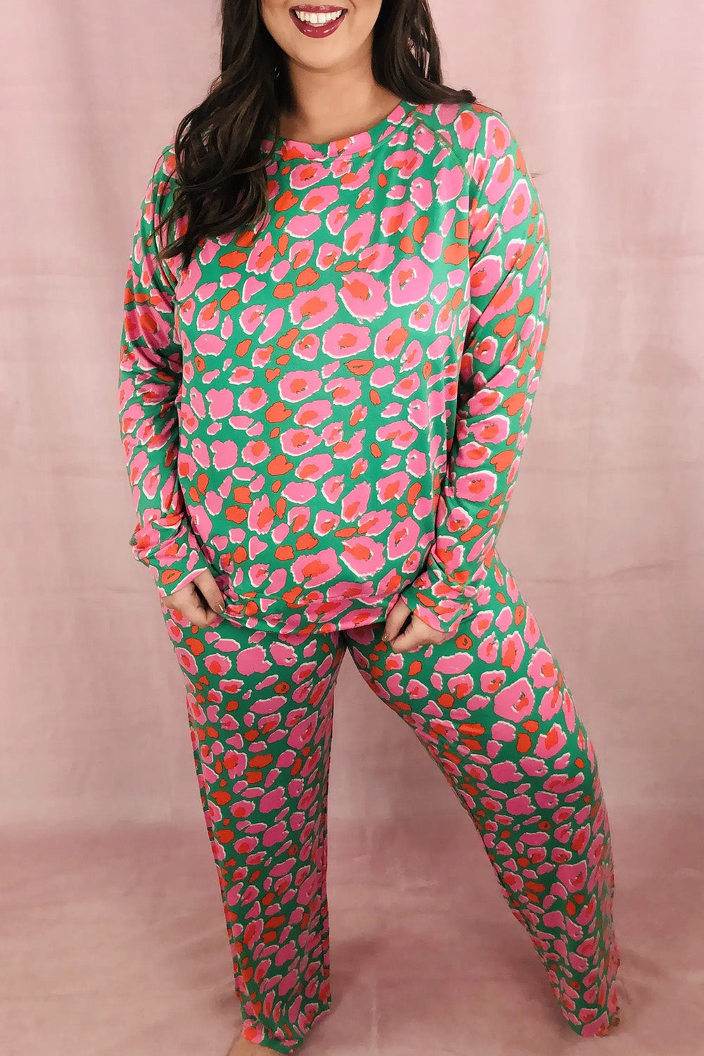 Green Plus Size Printed Long Sleeve and Pants Lounge Set