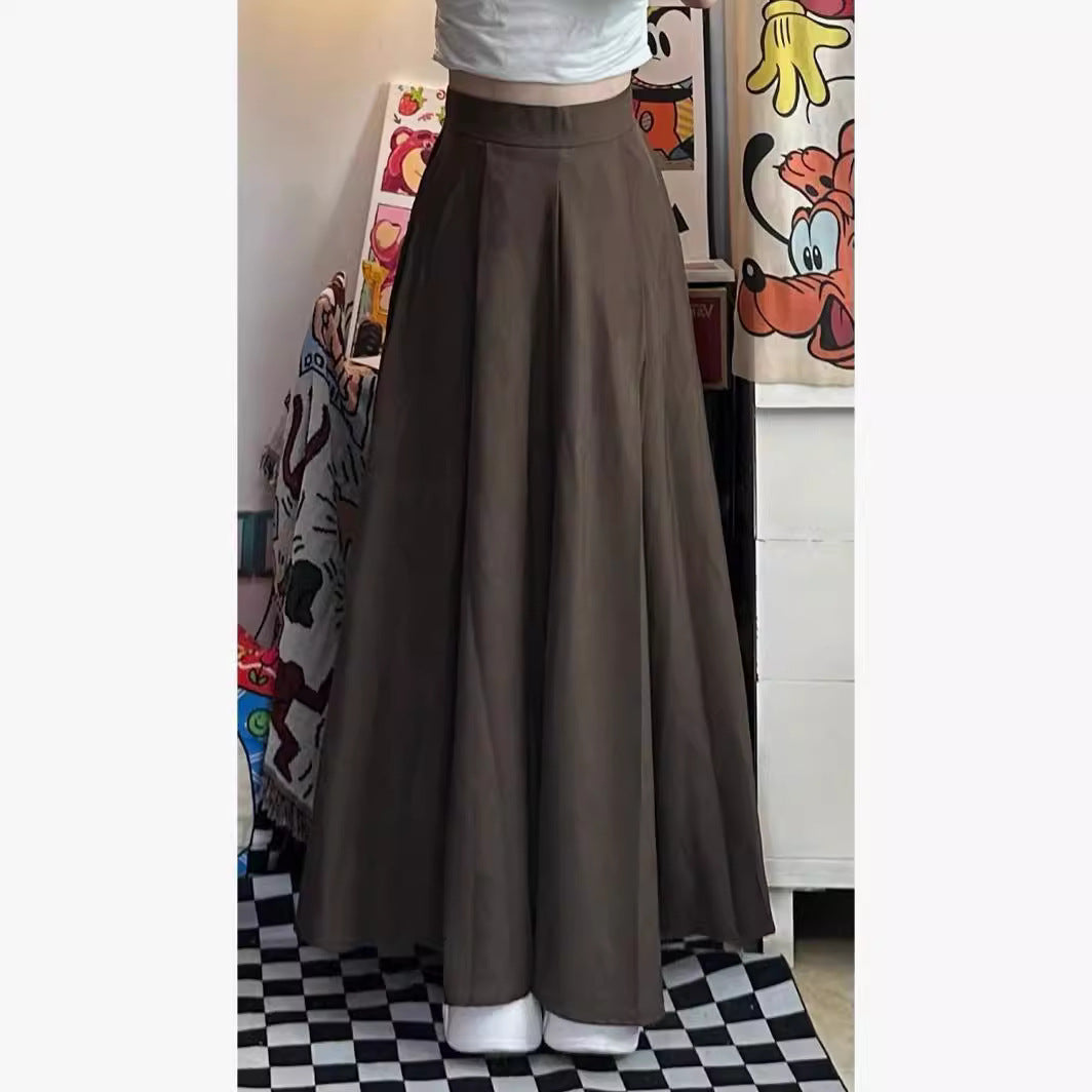 High Waist A- Line Skirt Niche Umbrella Skirt Brown Pleated Dress