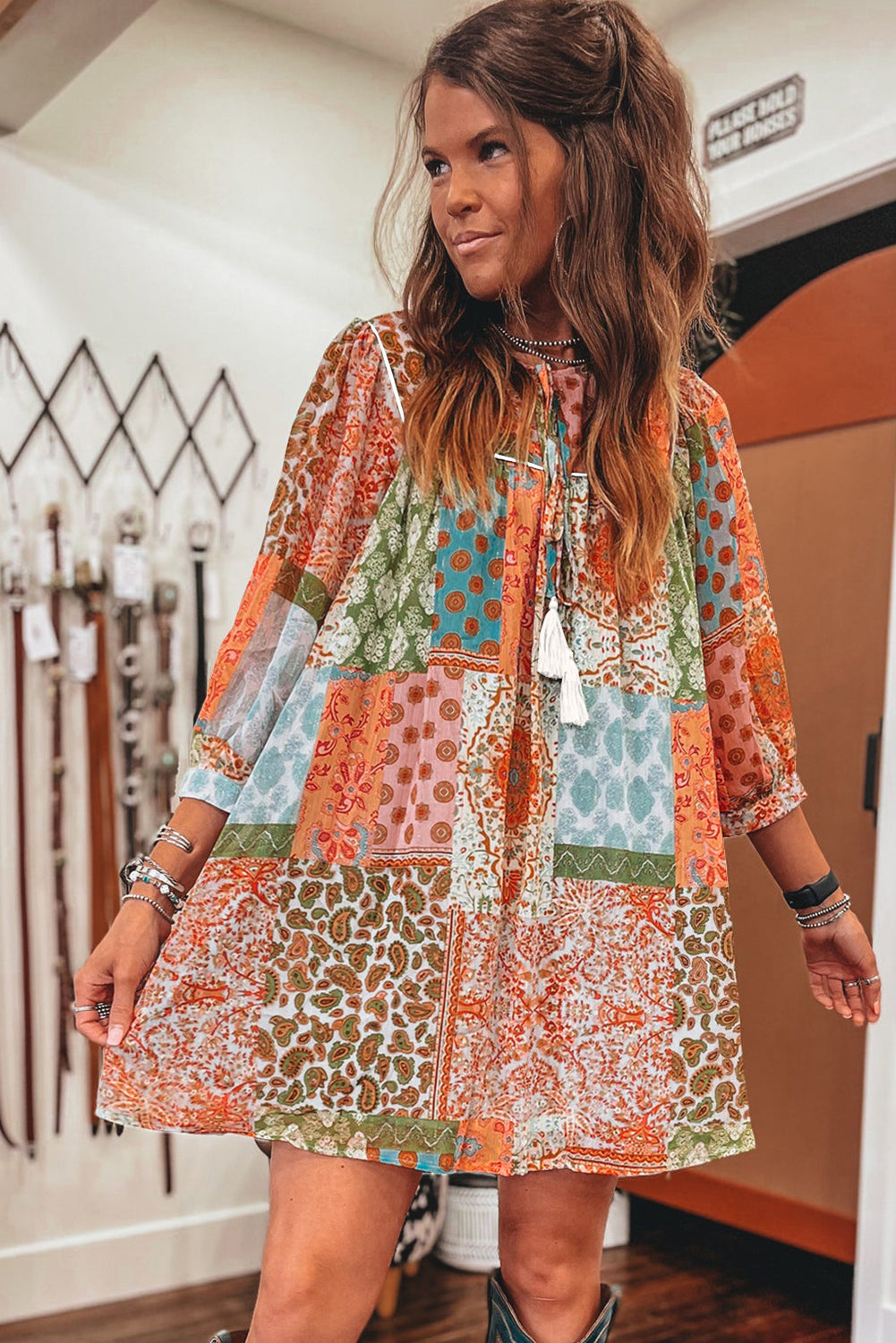 Orange Boho Paisley Mixed Print 3/4 Sleeve Chiffon Loose Dress