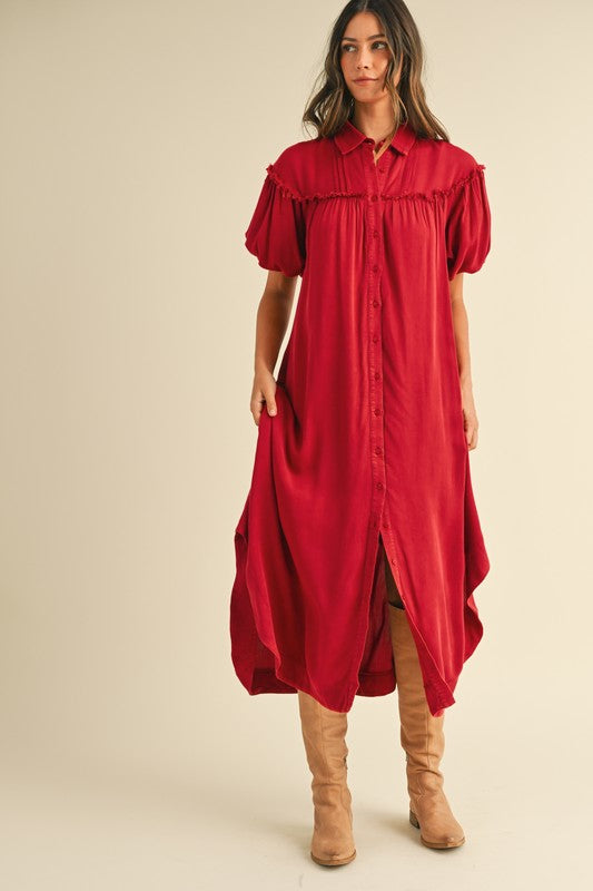 Annie Wear Mineral Washed Button Down Puff Sleeve Shirt Dress