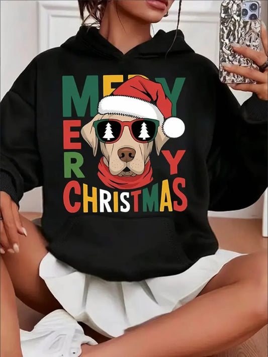 Women'S Casual Christmas Dog Graphic Hoodie,  Hooded Long Sleeve Sweatshirt,With Kangaroo Pocket, For All Seasons