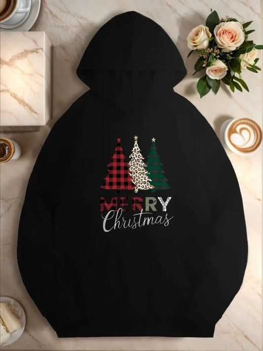 Plus Size Merry Christmas Tree Hoodie, Casual Style, Geometric Pattern, With Pocket Detail, For Women, Fall Winter Season Active Hooded Sweatshirt