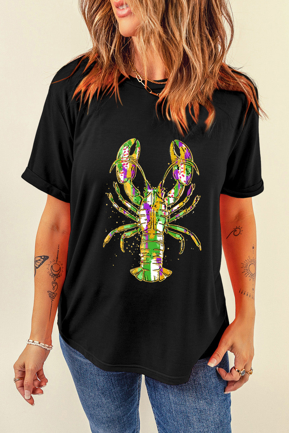 Black Mardi Gras Lobster Graphic Heat Transfer T Shirt