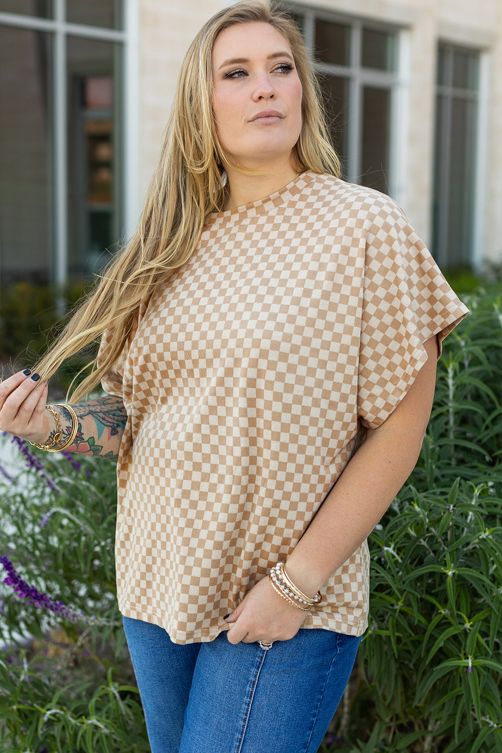 Khaki Checkerboard Short Batwing Sleeve Round Neck Plus Size T Shirt