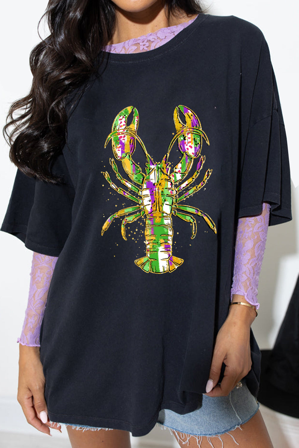 Black Mardi Gras Lobster Graphic Heat Transfer T Shirt