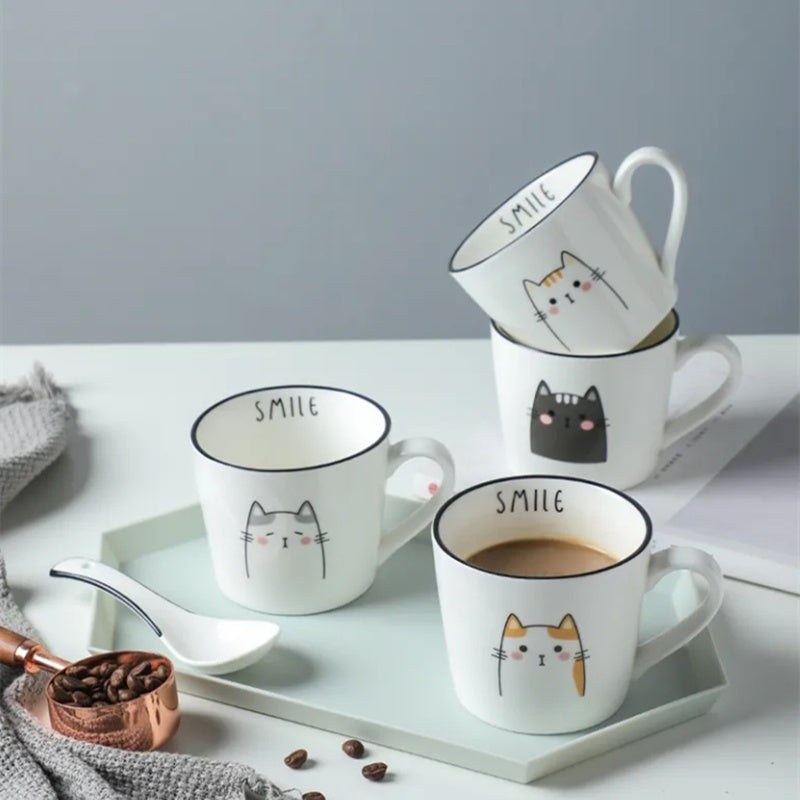 Breakfast Ceramic Milk Coffee Cup Couple Personality Creative Coffee Cup Cartoon Cat Pattern Kitchen Gadgets