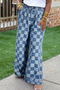 Dusk Blue Plus Size Checkered Seamed High Waist Wide Leg Jeans